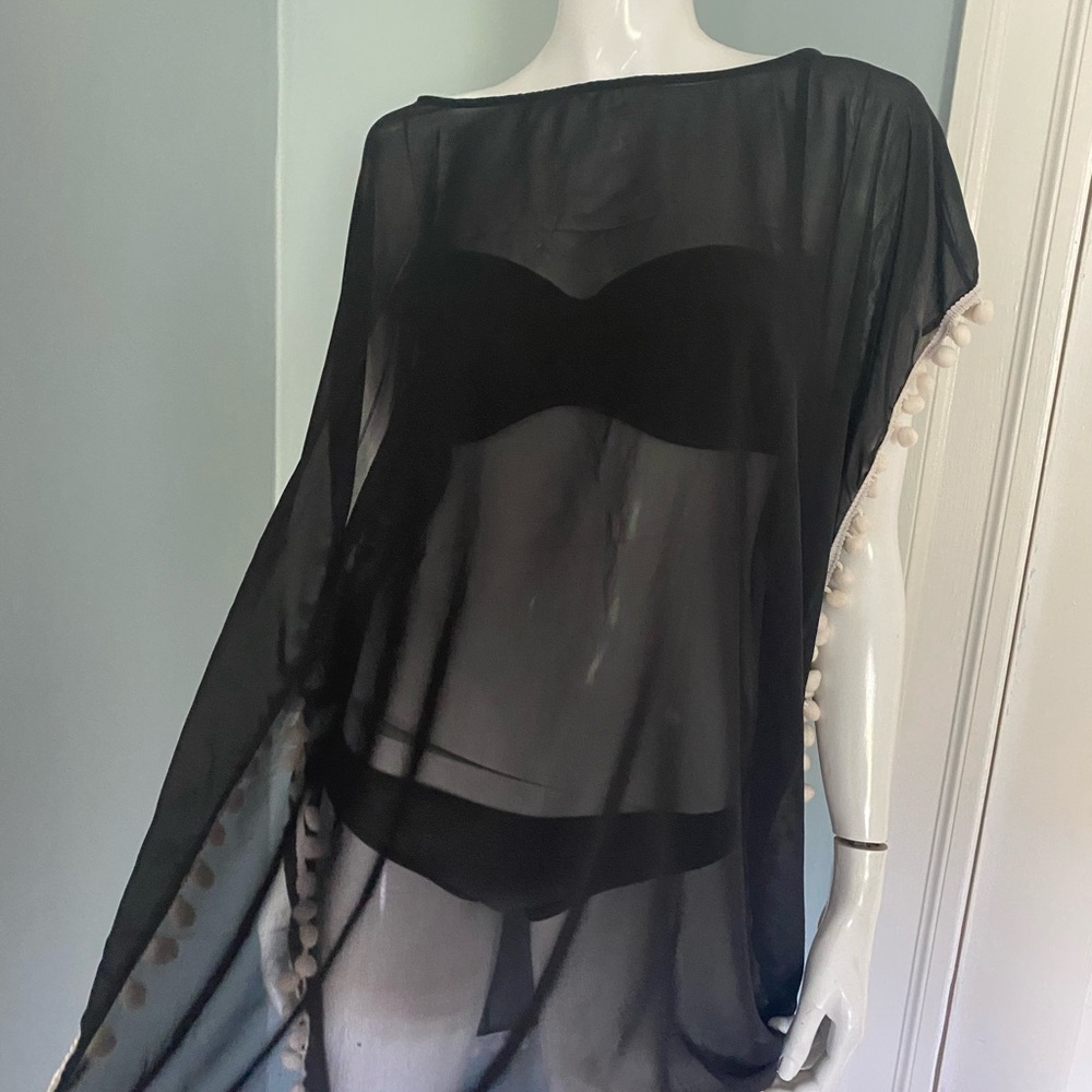 Black Sheer Tassle Swim Cover-Up